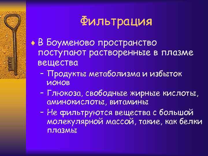 Фильтрация ¨ В Боуменово пространство поступают растворенные в плазме вещества – Продукты метаболизма и