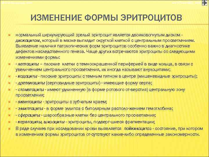 © П. Ф. Литвицкий, 2004 © ГЭОТАР-МЕД, 2004 ИЗМЕНЕНИЕ ФОРМЫ ЭРИТРОЦИТОВ нормальный циркулирующий зрелый