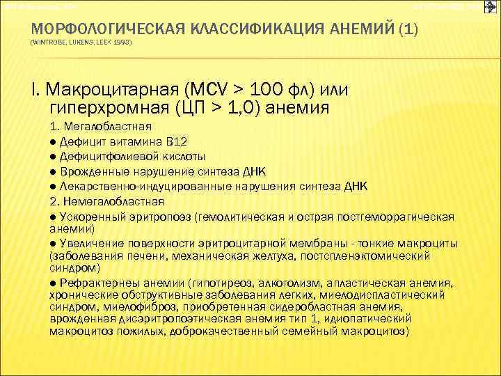 © П. Ф. Литвицкий, 2004 © ГЭОТАР-МЕД, 2004 МОРФОЛОГИЧЕСКАЯ КЛАССИФИКАЦИЯ АНЕМИЙ (1) (WINTROBE, LUKENS,
