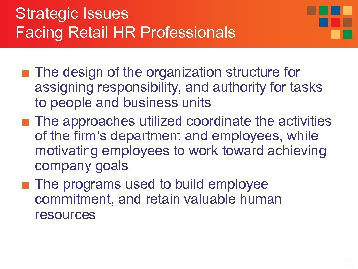 Strategic Issues Facing Retail HR Professionals ■ The design of the organization structure for