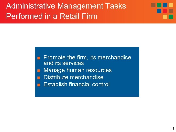 Administrative Management Tasks Performed in a Retail Firm ■ Promote the firm, its merchandise