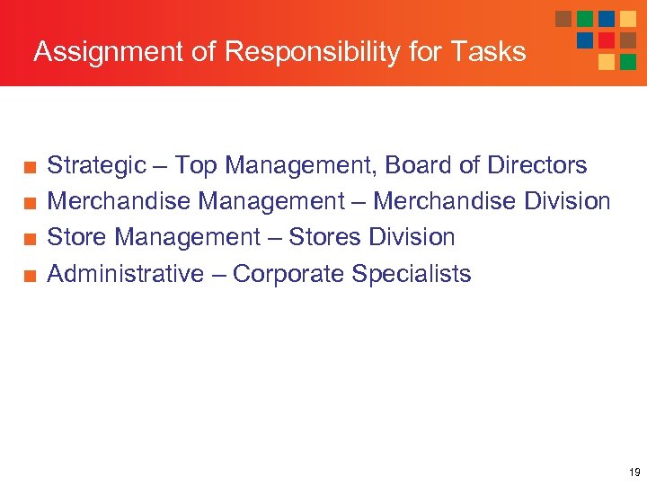 Assignment of Responsibility for Tasks ■ ■ Strategic – Top Management, Board of Directors