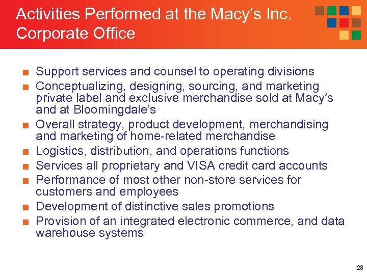 Activities Performed at the Macy’s Inc. Corporate Office ■ Support services and counsel to