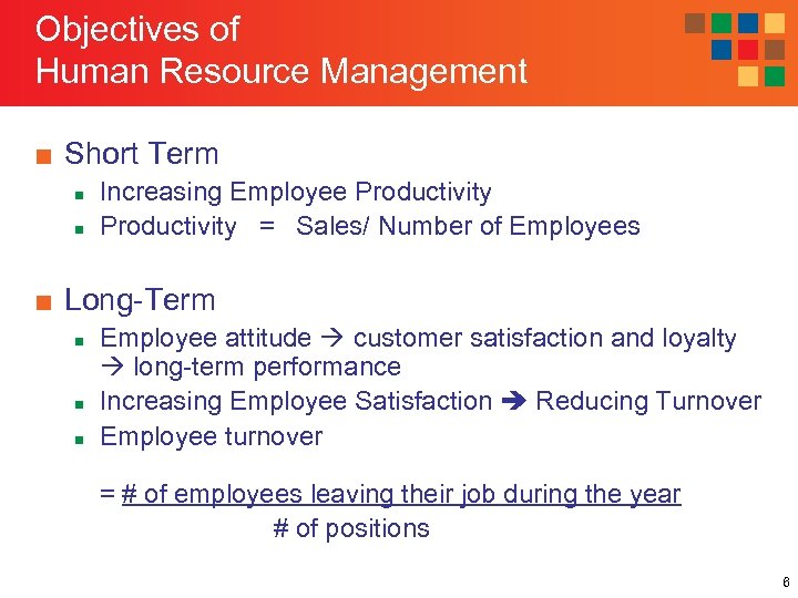 Objectives of Human Resource Management ■ Short Term n n Increasing Employee Productivity =