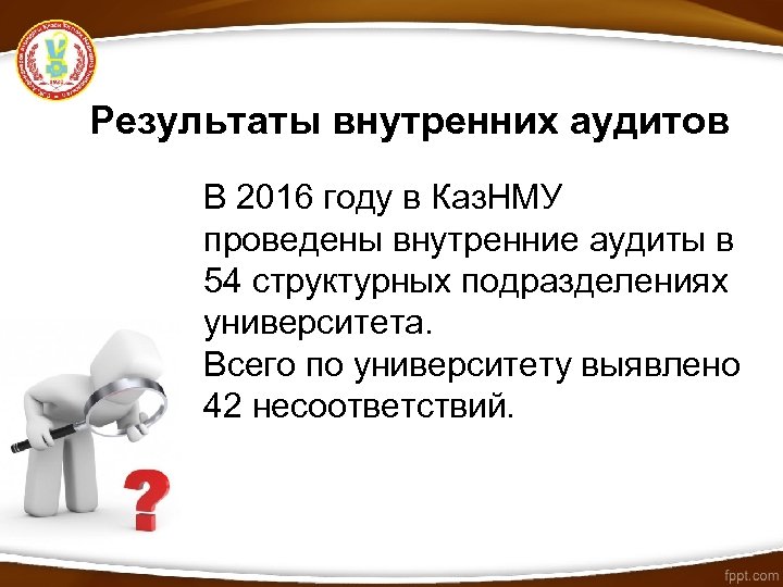 Результаты внутренних аудитов В 2016 году в Каз. НМУ проведены внутренние аудиты в 54
