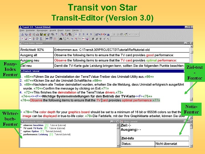 Transit von Star Transit-Editor (Version 3. 0) Fuzzy. Index Fenster Wörterbuch. Fenster Ziel-text Fenster