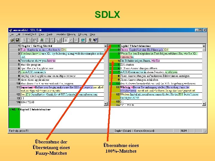 SDLX Übernahme der Übersetzung eines Fuzzy-Matches Übernahme eines 100%-Matches 