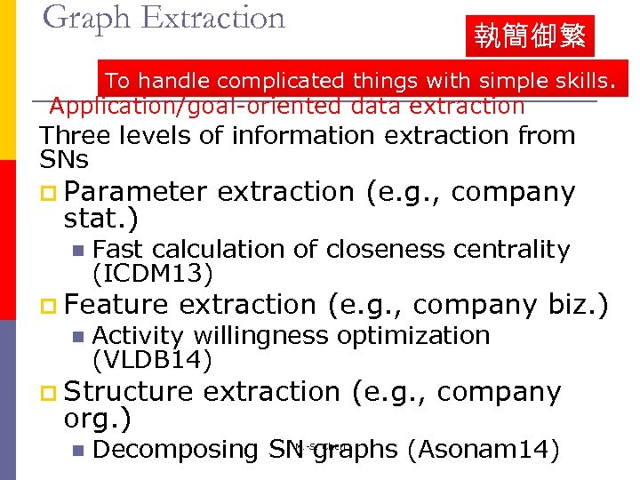 Graph Extraction 執簡御繁 To handle complicated things with simple skills. Application/goal-oriented data extraction Three