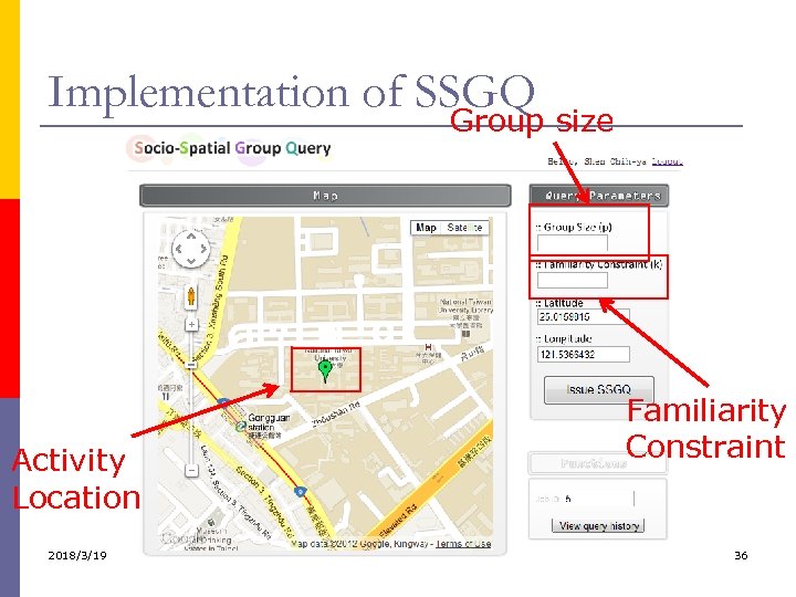 Implementation of SSGQ Group size Activity Location 2018/3/19 Familiarity Constraint 36 