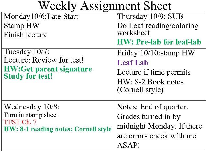 Weekly Assignment Sheet Monday 10/6: Late Start Stamp HW Finish lecture Tuesday 10/7: Lecture: