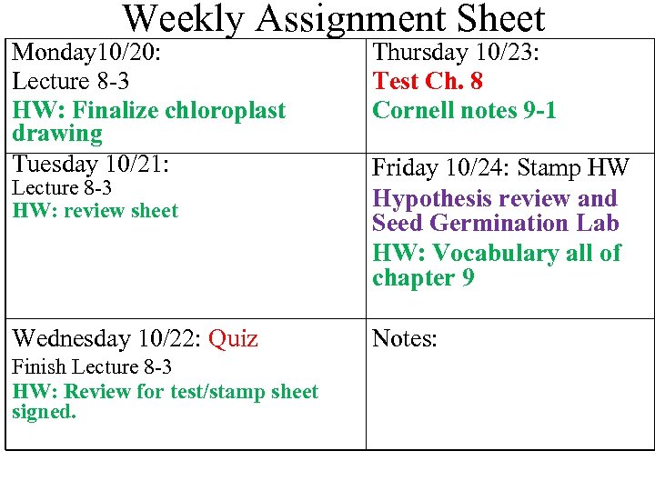 Weekly Assignment Sheet Monday 10/20: Lecture 8 -3 HW: Finalize chloroplast drawing Tuesday 10/21: