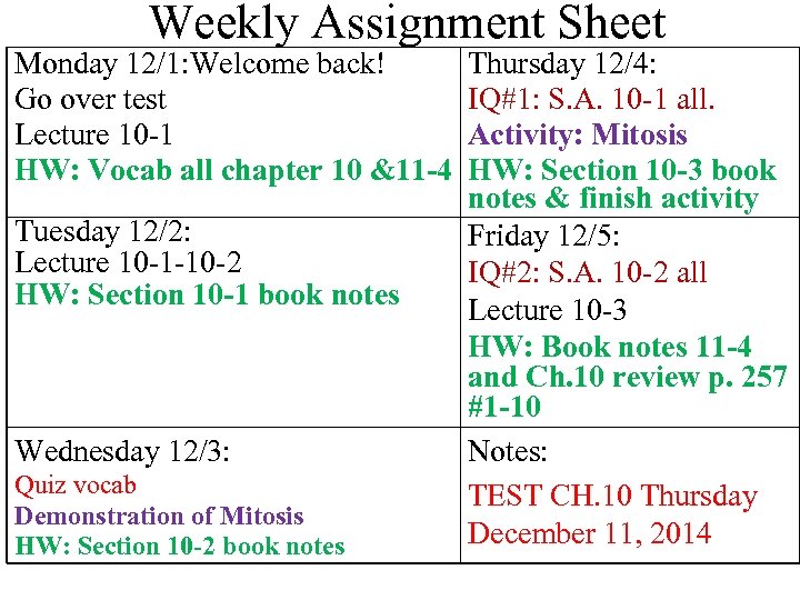 Weekly Assignment Sheet Monday 12/1: Welcome back! Go over test Lecture 10 -1 HW: