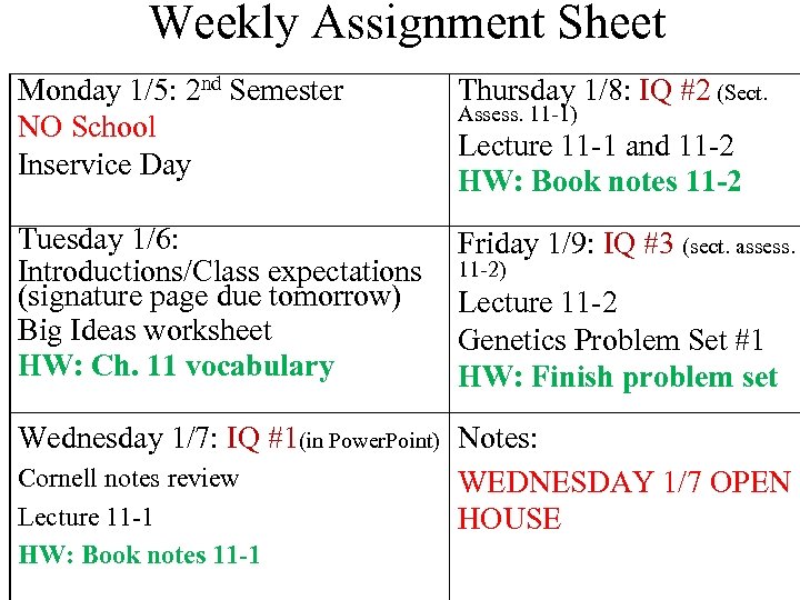 Weekly Assignment Sheet Monday 1/5: 2 nd Semester NO School Inservice Day Thursday 1/8: