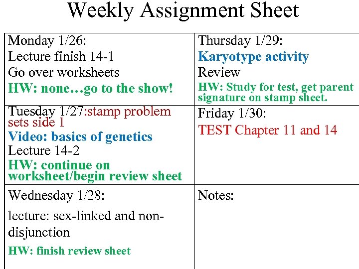 Weekly Assignment Sheet Monday 1/26: Lecture finish 14 -1 Go over worksheets HW: none…go