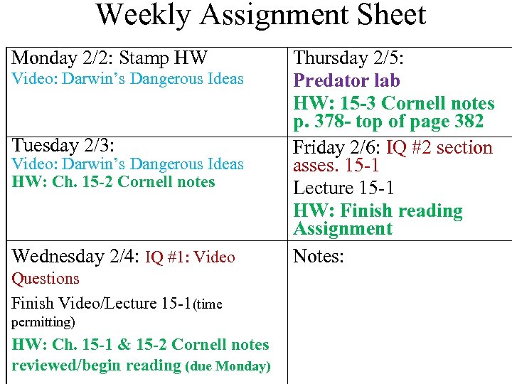 Weekly Assignment Sheet Monday 2/2: Stamp HW Video: Darwin’s Dangerous Ideas Tuesday 2/3: Video: