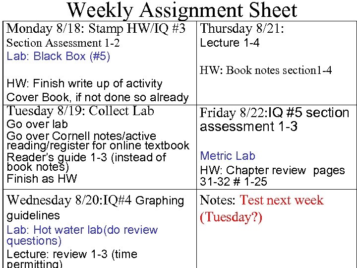 Weekly Assignment Sheet Monday 8/18: Stamp HW/IQ #3 Thursday 8/21: Section Assessment 1 -2