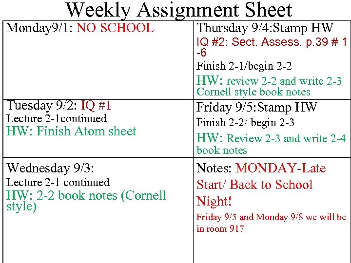 Weekly Assignment Sheet Monday 9/1: NO SCHOOL Tuesday 9/2: IQ #1 Lecture 2 -1