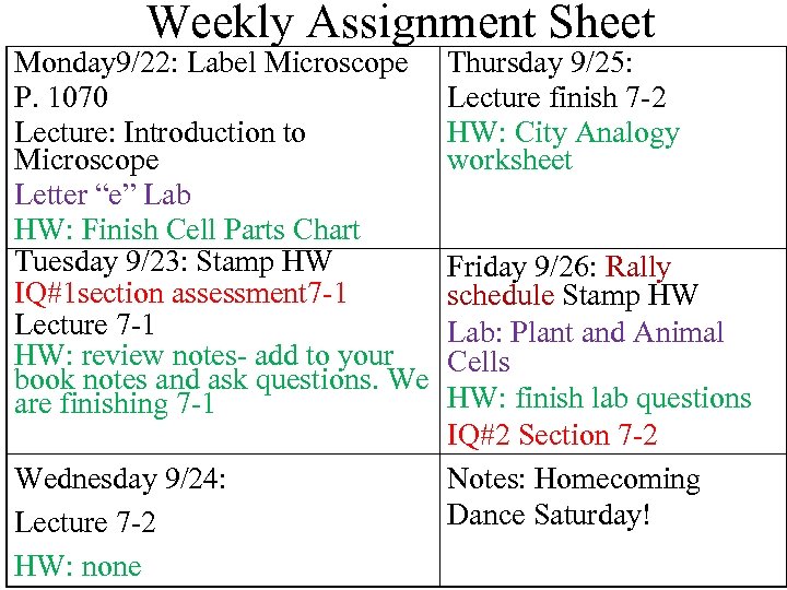 Weekly Assignment Sheet Monday 9/22: Label Microscope P. 1070 Lecture: Introduction to Microscope Letter
