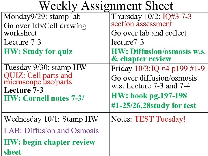 Weekly Assignment Sheet Monday 9/29: stamp lab Go over lab/Cell drawing worksheet Lecture 7