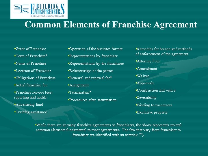Common Elements of Franchise Agreement • Grant of Franchise • Operation of the business