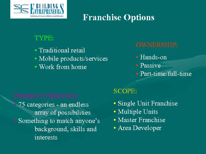 Franchise Options TYPE: • Traditional retail • Mobile products/services • Work from home PRODUCT/SERVICE: