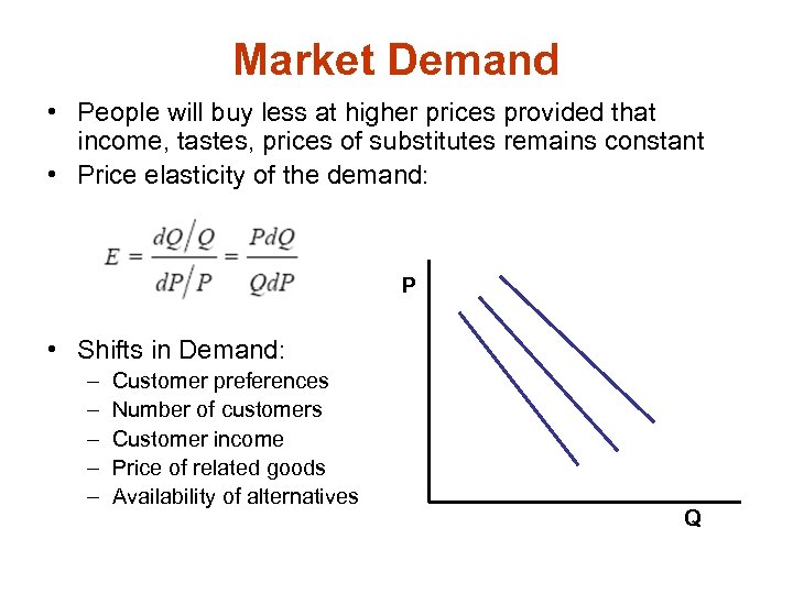 Market Demand • People will buy less at higher prices provided that income, tastes,