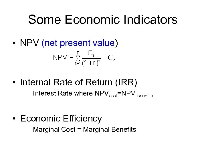 Some Economic Indicators • NPV (net present value) • Internal Rate of Return (IRR)