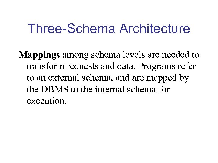 Three-Schema Architecture Mappings among schema levels are needed to transform requests and data. Programs