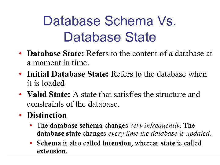 Database Schema Vs. Database State • Database State: Refers to the content of a