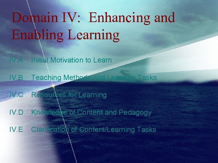 Domain IV: Enhancing and Enabling Learning IV. A Initial Motivation to Learn IV. B