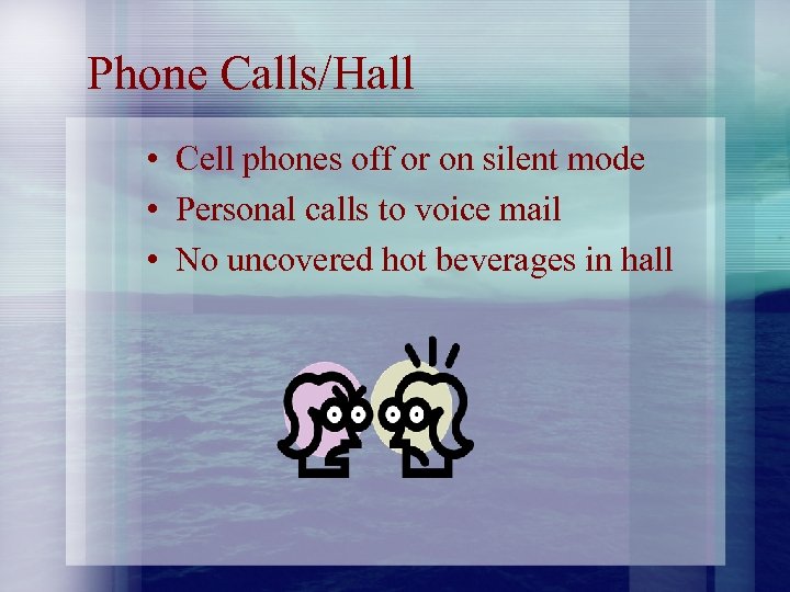 Phone Calls/Hall • Cell phones off or on silent mode • Personal calls to