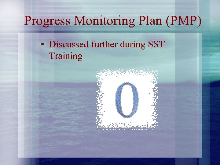 Progress Monitoring Plan (PMP) • Discussed further during SST Training 