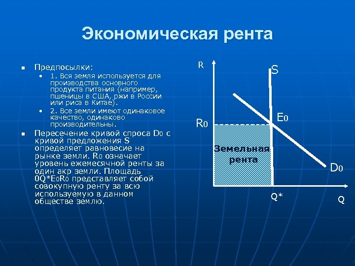 Экономическая рента n Предпосылки: • 1. Вся земля используется для производства основного продукта питания