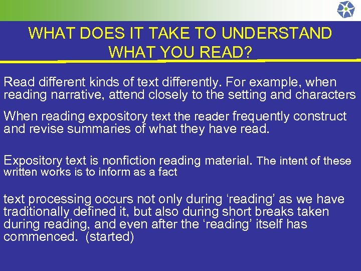 WHAT DOES IT TAKE TO UNDERSTAND WHAT YOU READ? Read different kinds of text