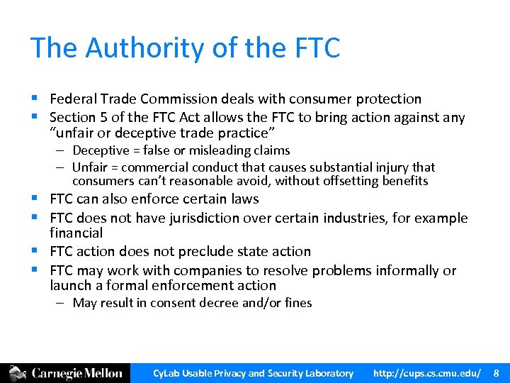 The Authority of the FTC § Federal Trade Commission deals with consumer protection §
