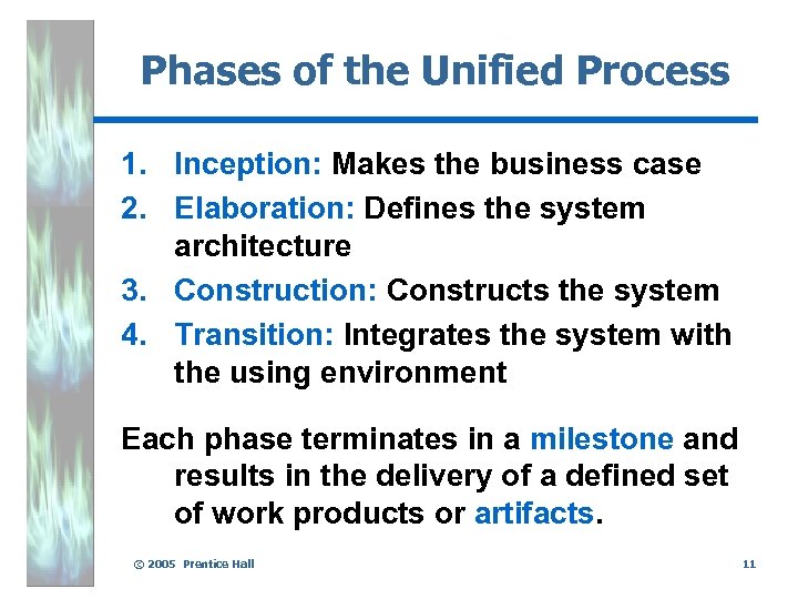 Phases of the Unified Process 1. Inception: Makes the business case 2. Elaboration: Defines