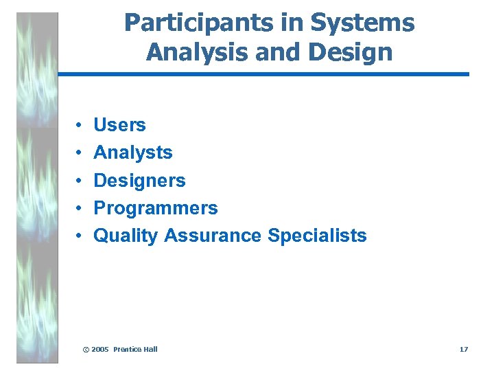 Participants in Systems Analysis and Design • • • Users Analysts Designers Programmers Quality