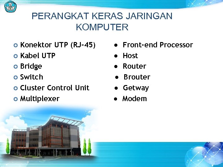 PERANGKAT KERAS JARINGAN KOMPUTER Konektor UTP (RJ-45) Kabel UTP Bridge Switch Cluster Control Unit