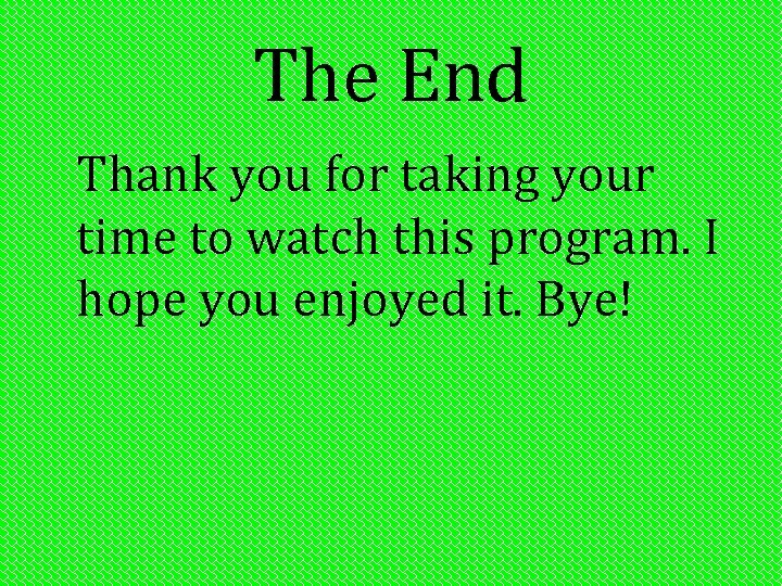 The End Thank you for taking your time to watch this program. I hope