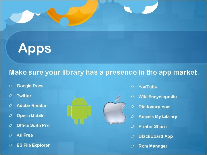 Apps Make sure your library has a presence in the app market. Google Docs