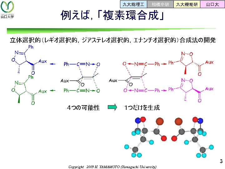 九大総理 相模中研 九大機能研 山口大 例えば，「複素環合成」 立体選択的（レギオ選択的，ジアステレオ選択的，エナンチオ選択的）合成法の開発 ４つの可能性 １つだけを生成 3 Copyright　2009 H. YAMAMOTO (Yamaguchi University)