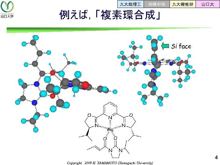 九大総理 相模中研 九大機能研 山口大 例えば，「複素環合成」 　 Si face 4 Copyright　2009 H. YAMAMOTO (Yamaguchi University)