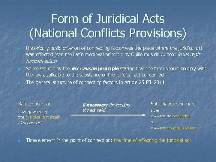 Form of Juridical Acts (National Conflicts Provisions) n n n Historically basic criterion of