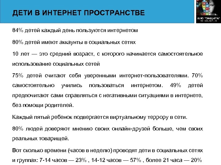 ДЕТИ В ИНТЕРНЕТ ПРОСТРАНСТВЕ 84% детей каждый день пользуются интернетом 80% детей имеют аккаунты