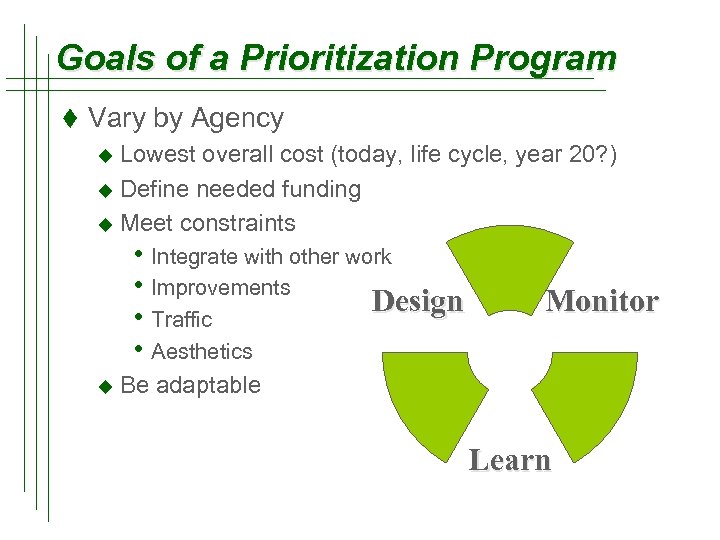 Goals of a Prioritization Program t Vary by Agency u Lowest overall cost (today,