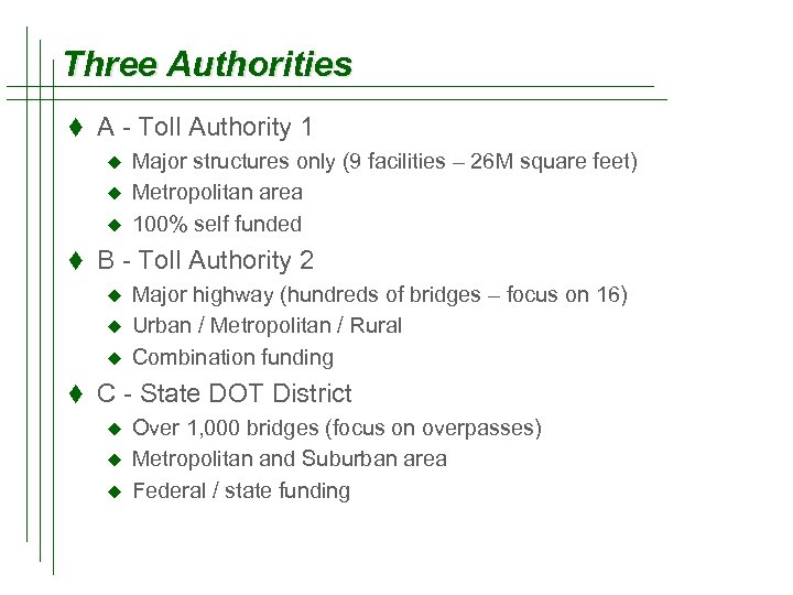 Three Authorities t A - Toll Authority 1 u Major structures only (9 facilities