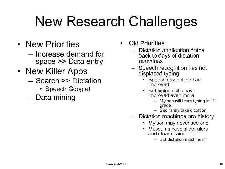 New Research Challenges • New Priorities • Old Priorities – Dictation application dates back