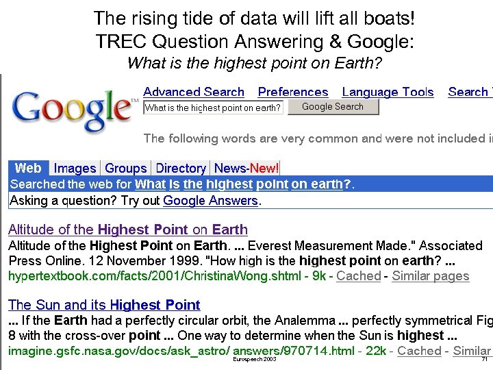The rising tide of data will lift all boats! TREC Question Answering & Google: