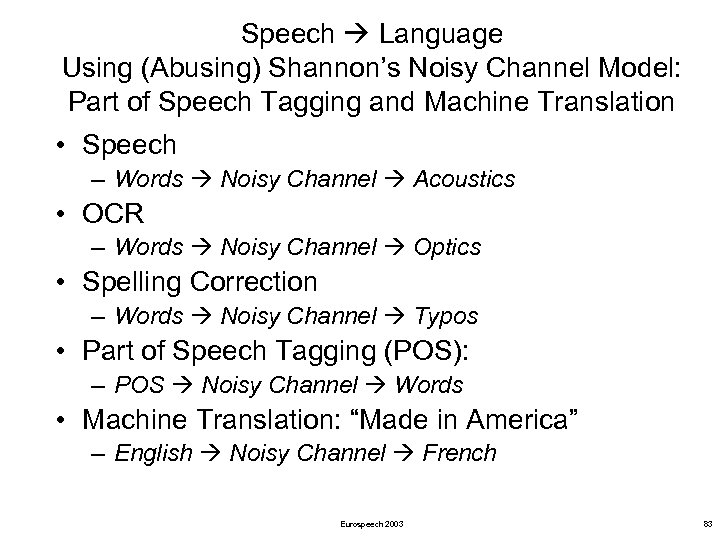 Speech Language Using (Abusing) Shannon’s Noisy Channel Model: Part of Speech Tagging and Machine