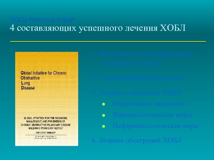 GOLD Workshop Report 4 составляющих успешного лечения ХОБЛ 1. Выявление и мониторирование симптомов болезни